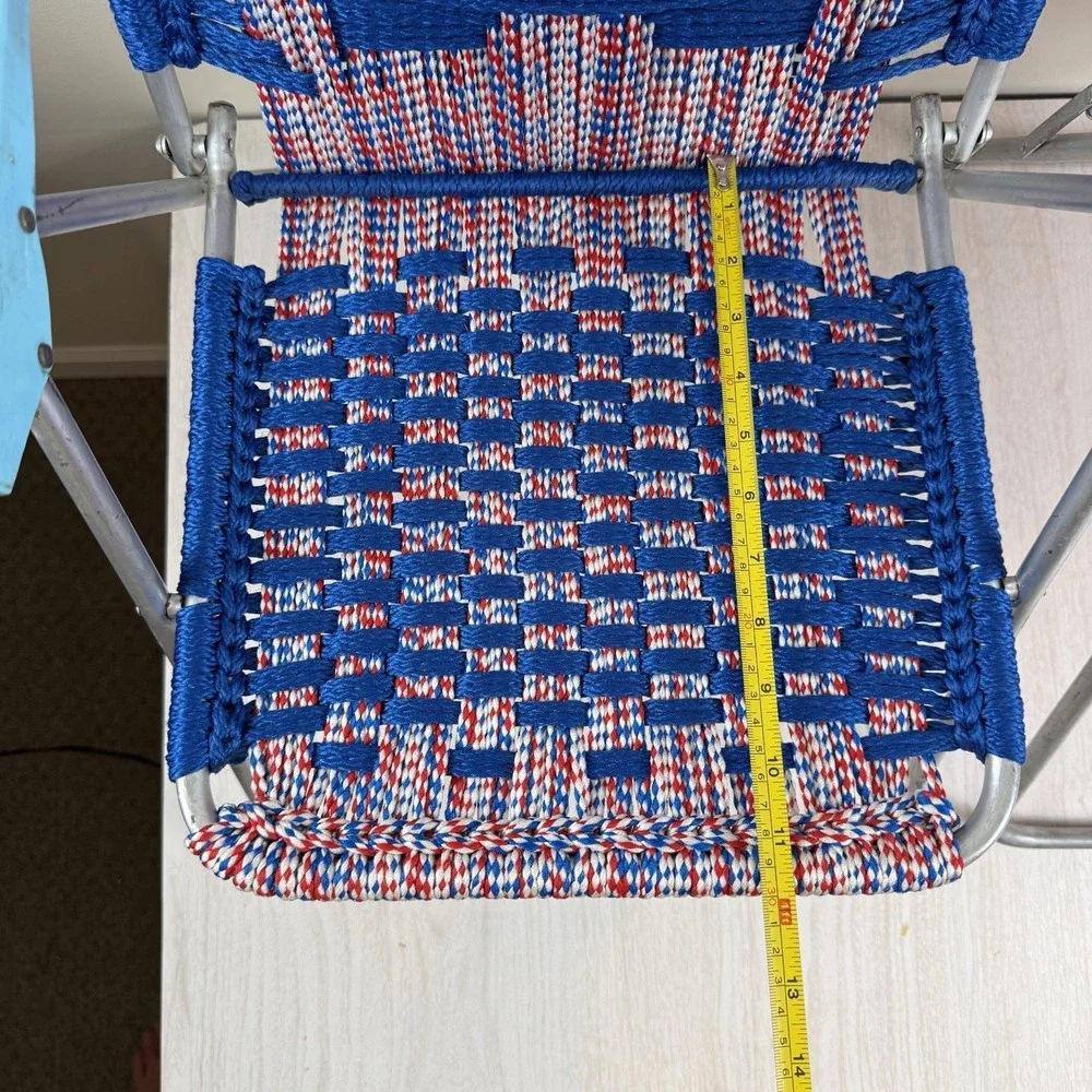 Vtg Set 2 Aluminum Folding Lawn Chair Child Sz Macrame Weave Woven Chair Match